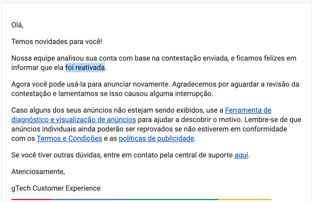 Email de Liberação da Conta Google Ads