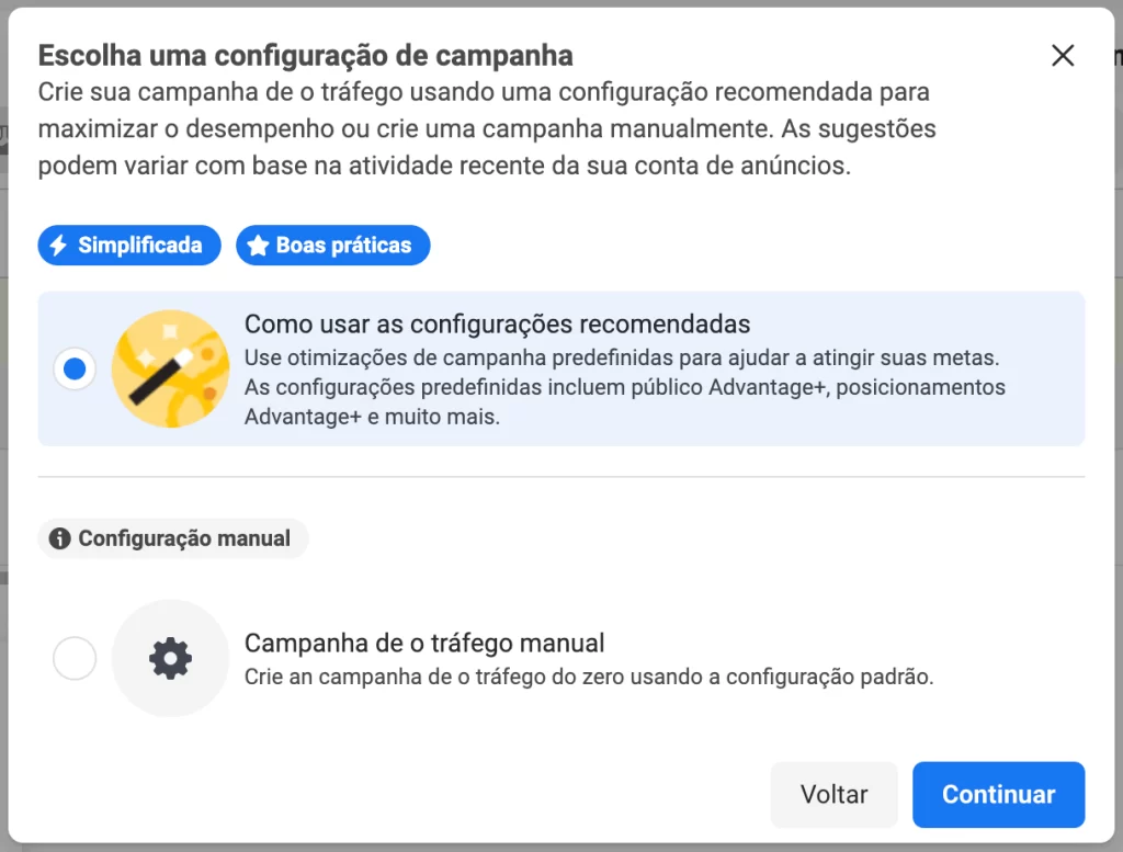 Tipo de Configuração da Campanha no Facebook Ads