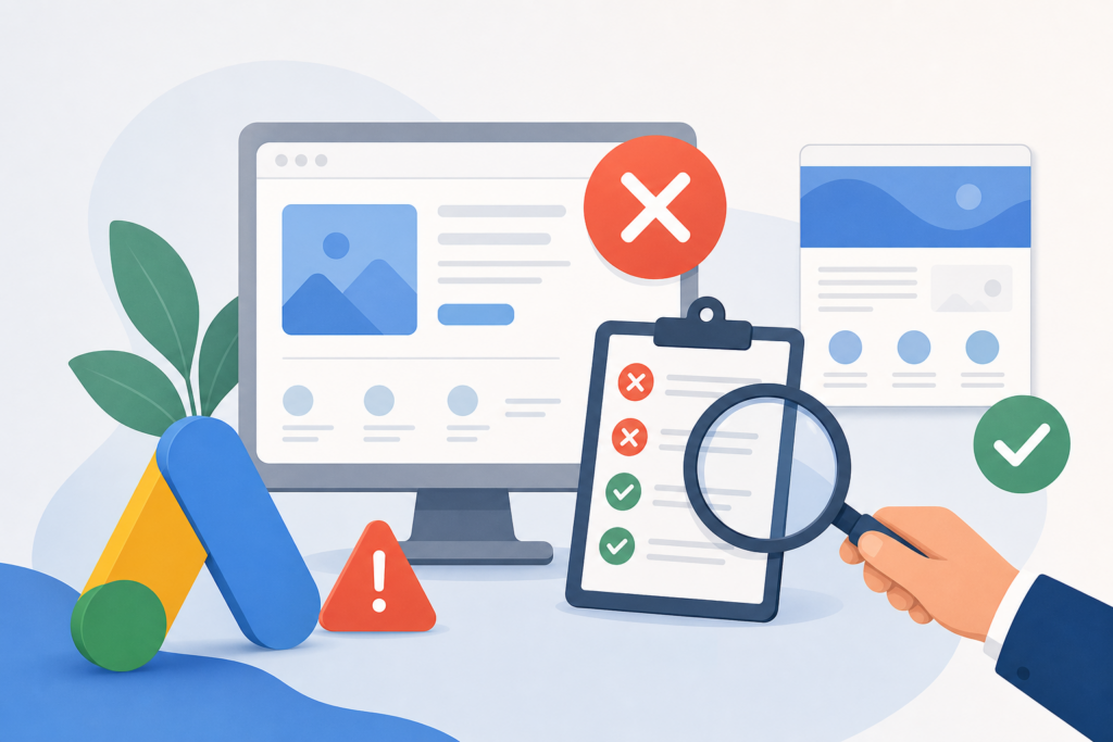 Anúncio reprovado Google Ads com checklist de correção de política e landing page