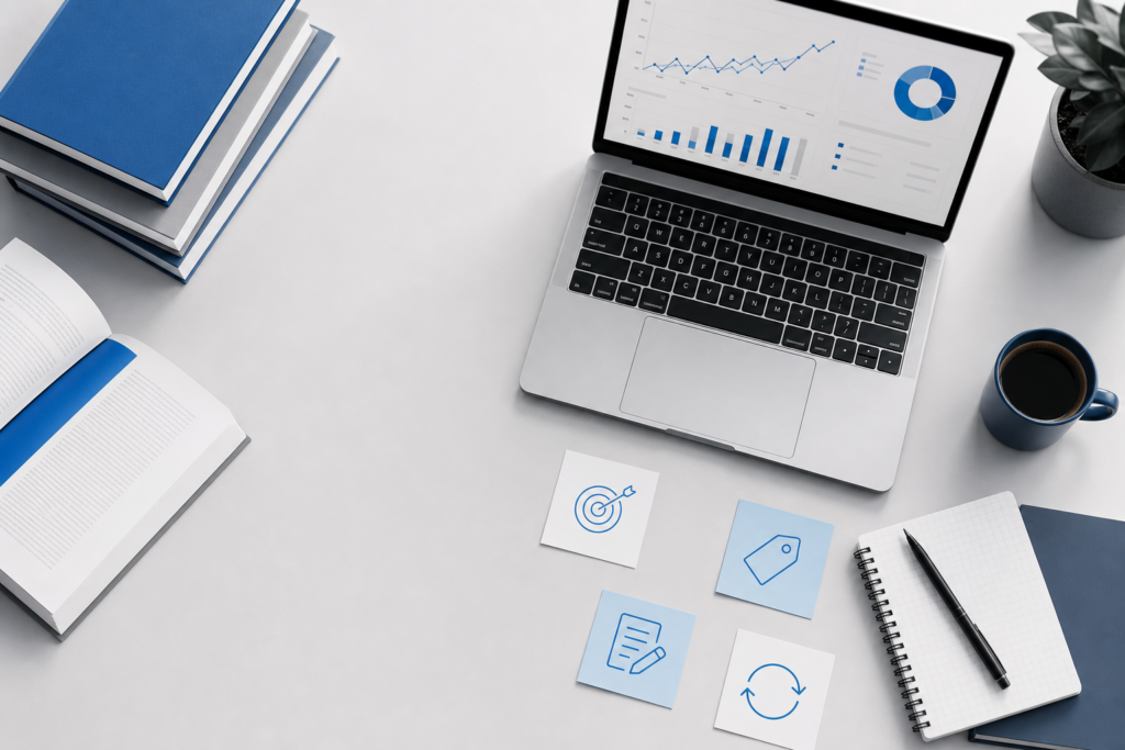 Livros para gestor de tráfego com notebook, gráficos e rotina de marketing digital