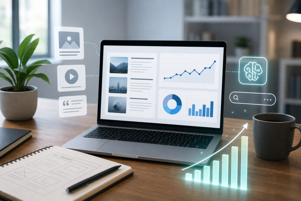 Mesa de trabalho com painel de analytics, rascunhos de blog e gráfico de receita para artigo sobre ganhar dinheiro com blog em 2026