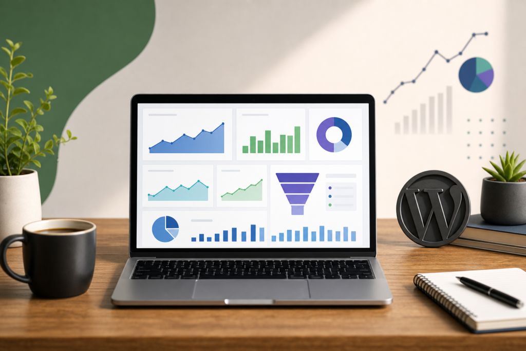 Dashboard com pageviews, RPM e funil de afiliados para calcular quanto tráfego um blog precisa para ganhar dinheiro