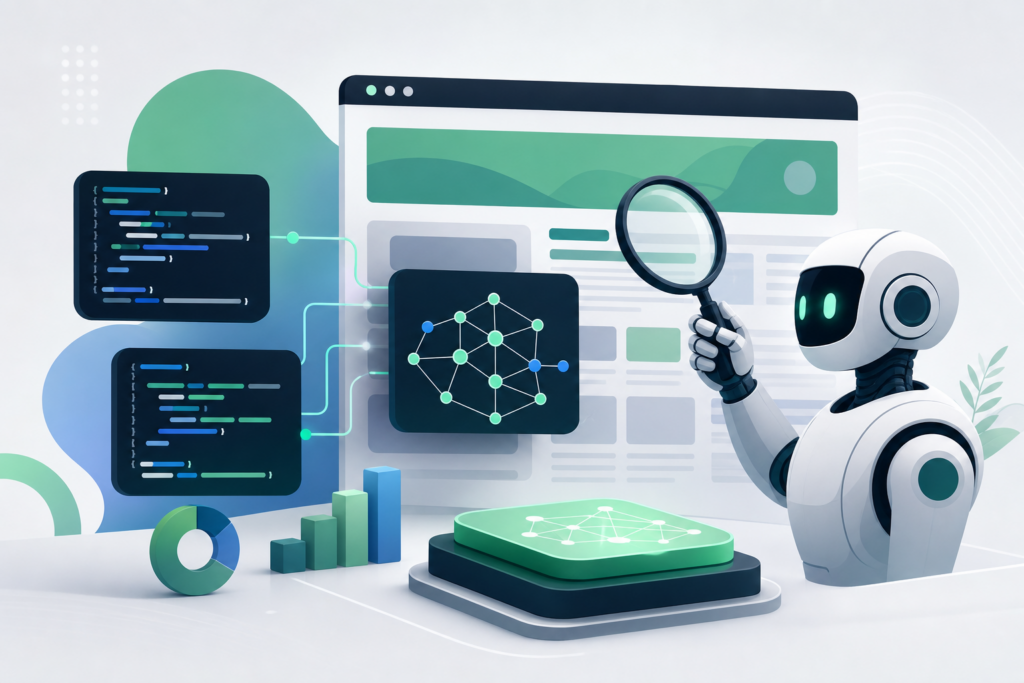 Schema para IA com JSON-LD e robô analisando páginas