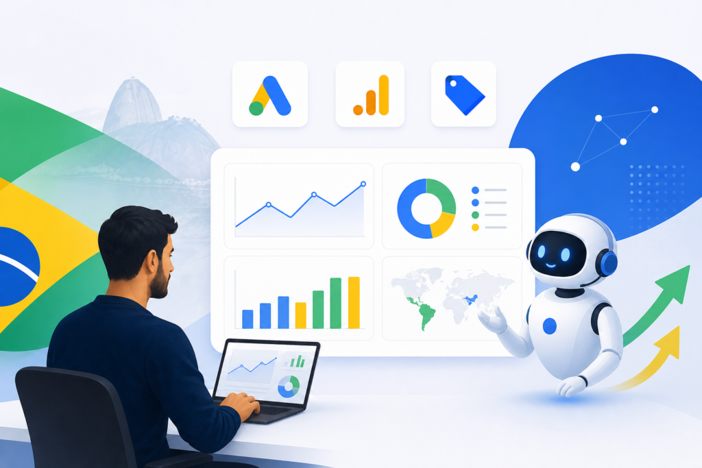 Ask Advisor Google Ads em painel abstrato de marketing com IA