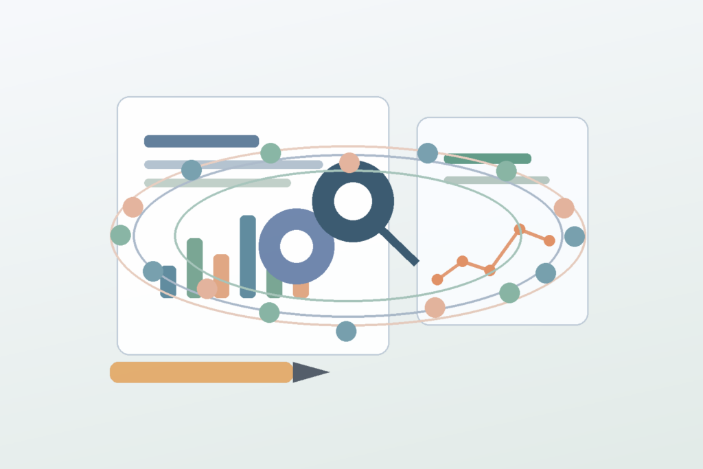 Curso GA4 gratuito: roteiro prático para aprender Analytics Painéis de analytics com gráficos, lupa de análise e lápis representando roteiro de estudo GA4 gratuito