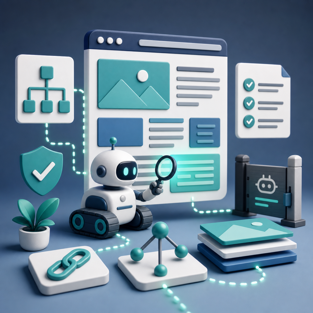 SEO para AI crawlers: checklist WordPress para tráfego de IA SEO para AI crawlers no WordPress com crawler analisando páginas, checklist técnico e links internos