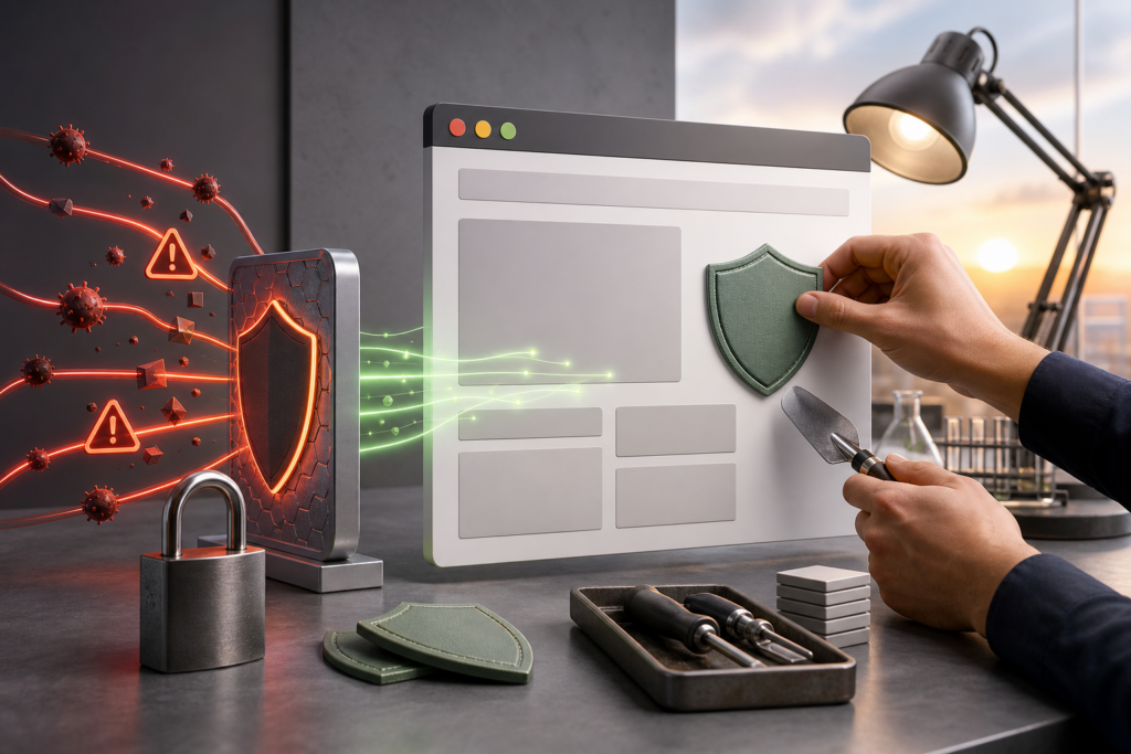 OpenAI Daybreak: o que muda na segurança dos sites Capa editorial sobre segurança de sites com IA: página web genérica recebendo escudo de proteção contra ameaças ao tráfego
