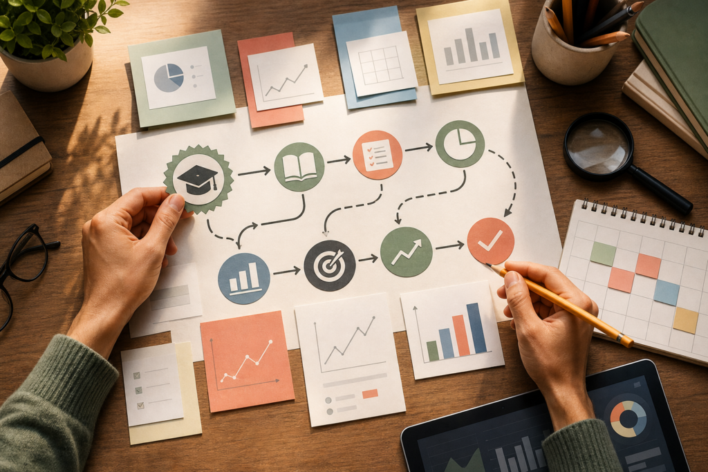 Roteiro de estudo de analytics com graficos, checklist visual e marcadores de progresso para curso GA4 gratuito