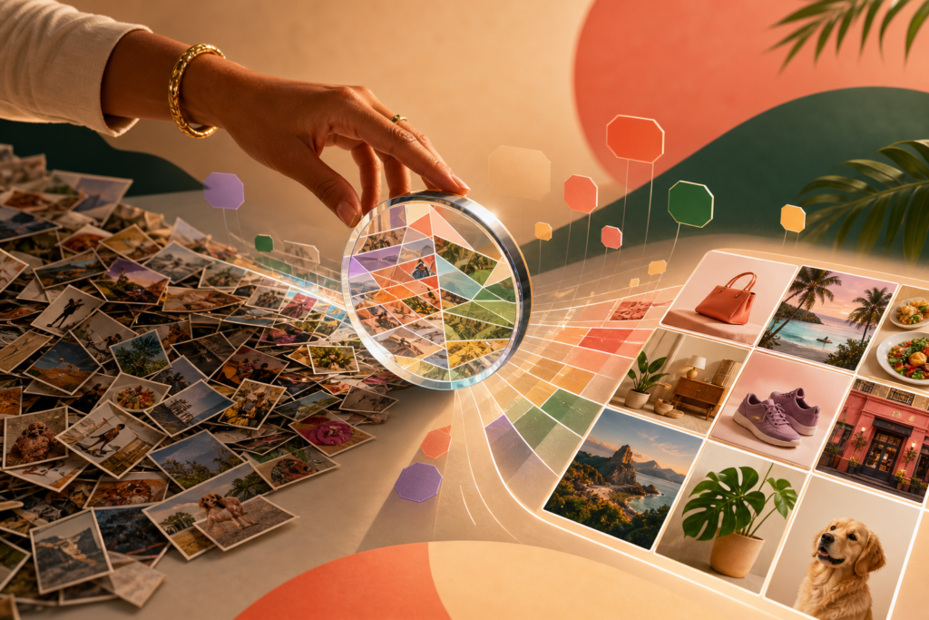 Google Images com IA: o que muda no SEO visual Google Images com IA reorganizando mosaico de imagens em feed visual personalizado