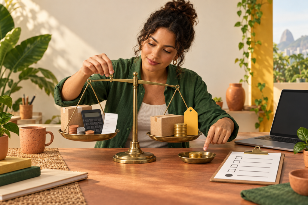 Calculadora Mercado Livre: o lucro que o anúncio esconde Calculadora Mercado Livre: vendedor comparando preço, frete, tarifas e margem antes de anunciar