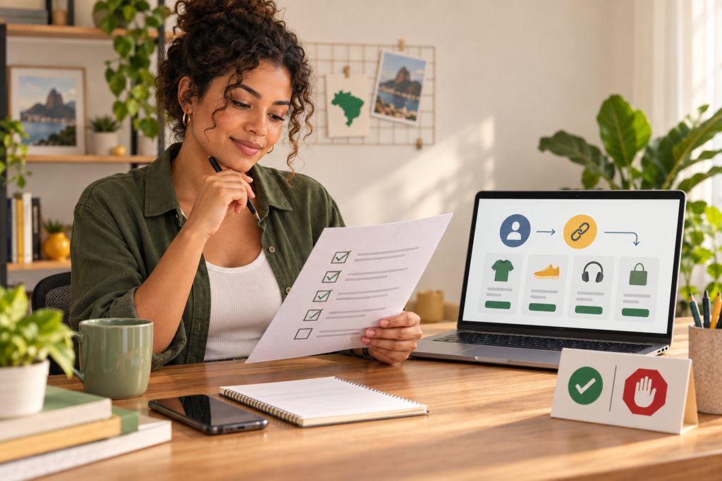 Como ser afiliado Amazon: pessoa conferindo checklist de cadastro e primeiro link