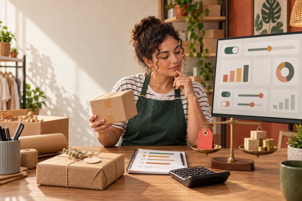 Cupom de vendedor Shopee: lojista comparando produto, desconto e margem antes de publicar uma oferta