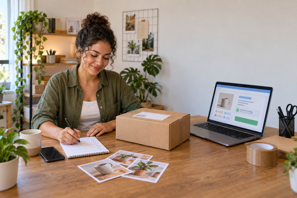Primeiro pedido na Shopee: vendedor conferindo produto, embalagem e envio