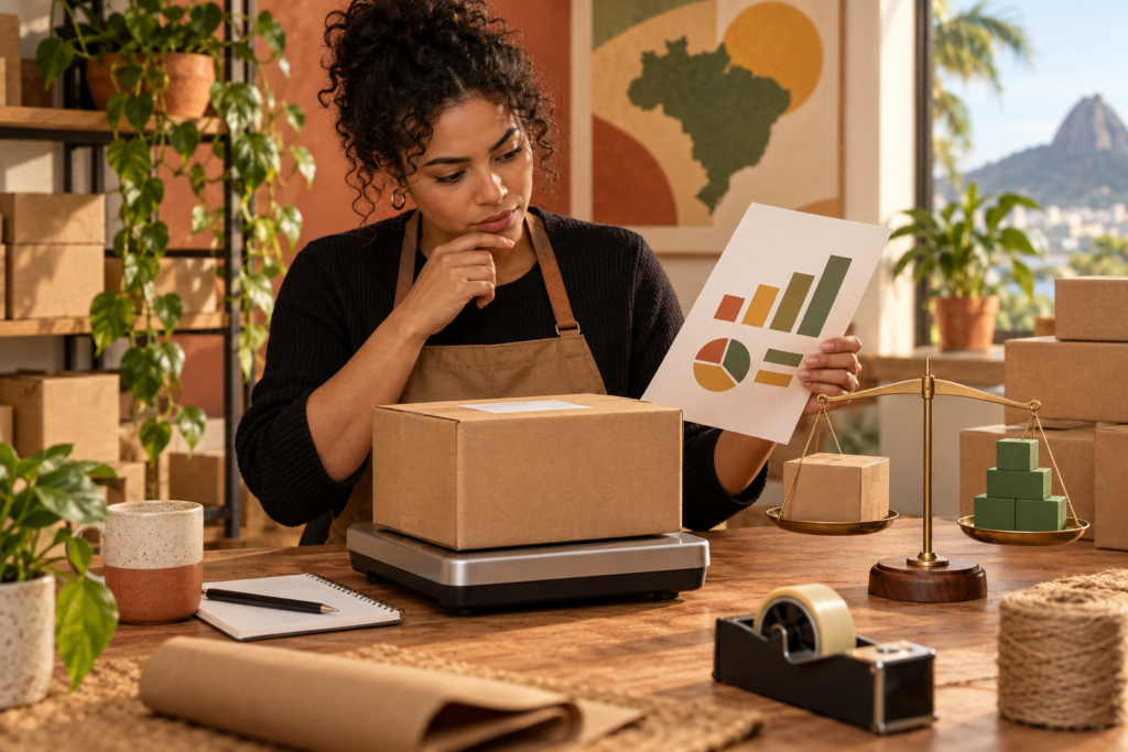 Frete grátis Shopee para vendedor: 7 checks antes de ativar Vendedor conferindo pacote, margem e etiqueta antes de oferecer frete grátis na Shopee