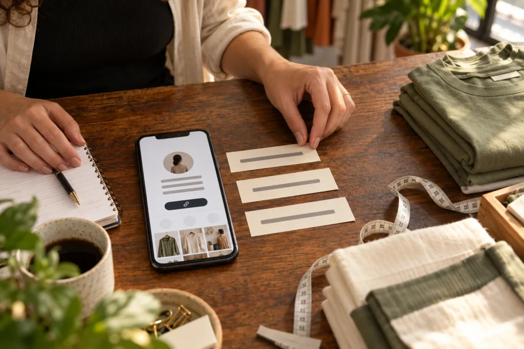 Bio para Instagram de loja: diga o que vende sem enrolar Dona de loja organiza três faixas de papel ao lado de um celular com perfil e peças de roupa.