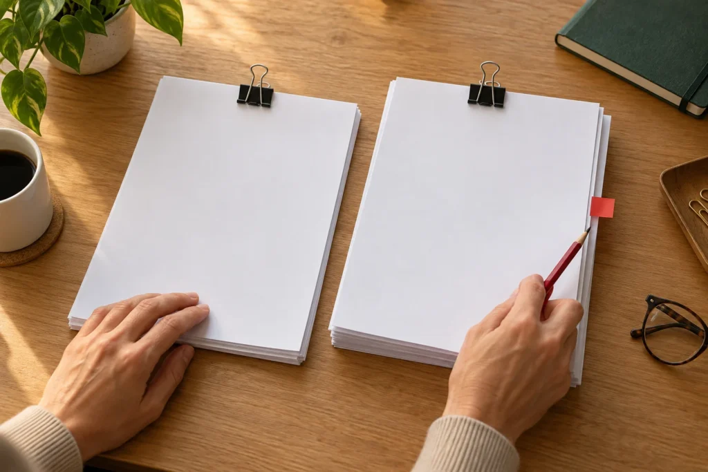Prompt para revisar proposta comercial sem prometer demais Dois conjuntos de folhas lado a lado sobre uma mesa, com lápis vermelho e aba de marcação.