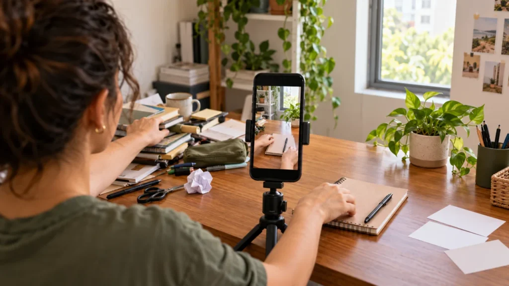 Prompts para Reels: copie, adapte e confira o roteiro Mãos organizam um caderno sobre a mesa diante de um celular em suporte para gravar um tutorial.