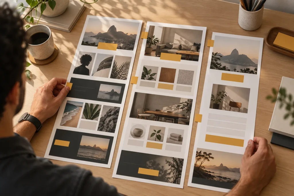 Exemplos de one page: 10 temas WordPress e duas demos Pessoa compara três protótipos de páginas únicas em papel sobre uma mesa.